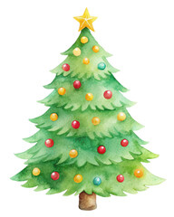 Watercolor illustration of a Christmas tree topped with a star and adorned with multicolored ornaments, perfect for holiday and seasonal designs. Isolated on transparent background, png.