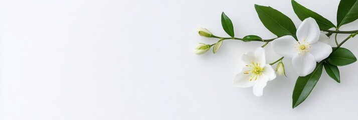 Obraz premium A sprig of white flowers with verdant leaves gracefully arranged on a pristine white backdrop, evoking concepts of purity, serenity, nature, growth, and renewal.