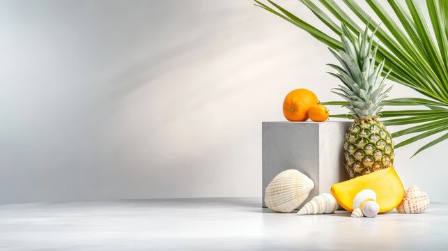 A still life featuring a pineapple, oranges, mango slices, and seashells arranged on a concrete platform with a palm leaf in the background. The image evokes a sense of summer, relaxation, and the bea