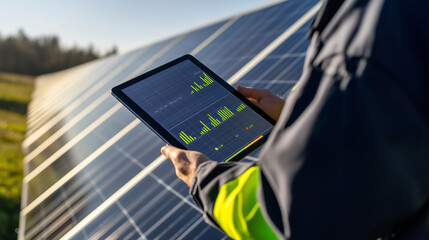 Close-up of a technician monitoring solar panel performance data on a digital tablet, ensuring optimal energy production in a solar farm