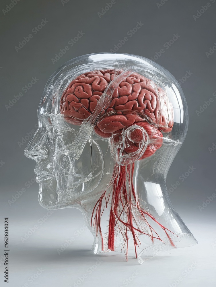 Poster a transparent human head model showcasing the intricate details of the brain and vascular system. th