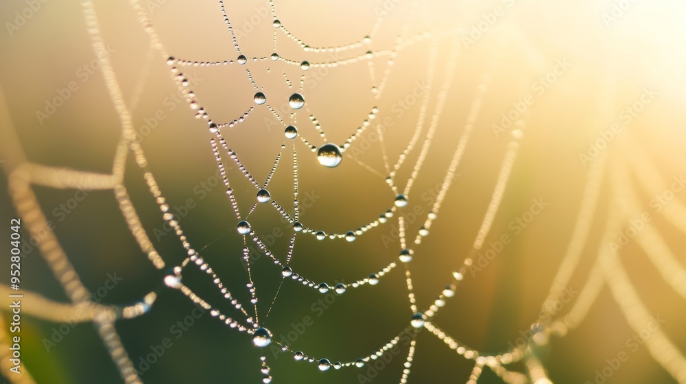 Aufkleber Macro shot of water droplets on a spider web, with each droplet sparkling in the morning sunlight, creating a delicate and intricate pattern.