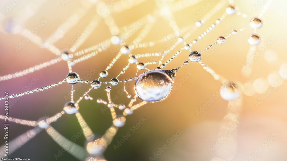 Aufkleber Macro shot of water droplets on a spider web, with each droplet sparkling in the morning sunlight, creating a delicate and intricate pattern.