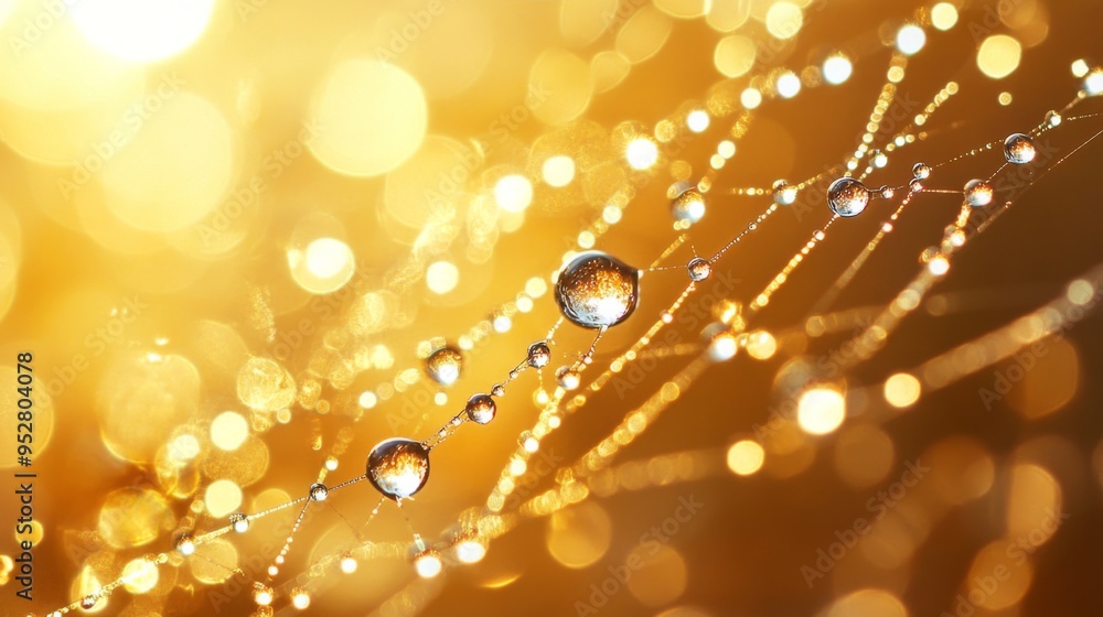 Poster Macro shot of water droplets on a spider web, with each droplet sparkling in the morning sunlight, creating a delicate and intricate pattern.