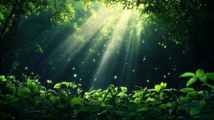 Obraz premium A tranquil forest scene with sunlight breaking through the canopy, illuminating the lush foliage and casting a magical glow. Fireflies dance in the air, adding to the enchanting ambiance.
