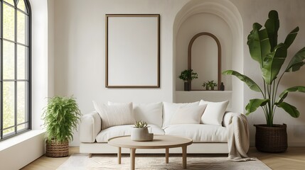 A minimalist living room featuring a white sofa, a vintage coffee table, an arched window, and a large, empty art poster frame, with a houseplant next to the coffee table and a throw blanket draped
