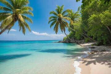 Tranquil tropical beach with palm trees and clear blue water