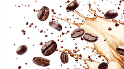 This image captures a dynamic coffee splash, with rich, dark coffee swirling through the air against a crisp white background. Scattered around the splash are whole coffee beans, adding a touch of tex