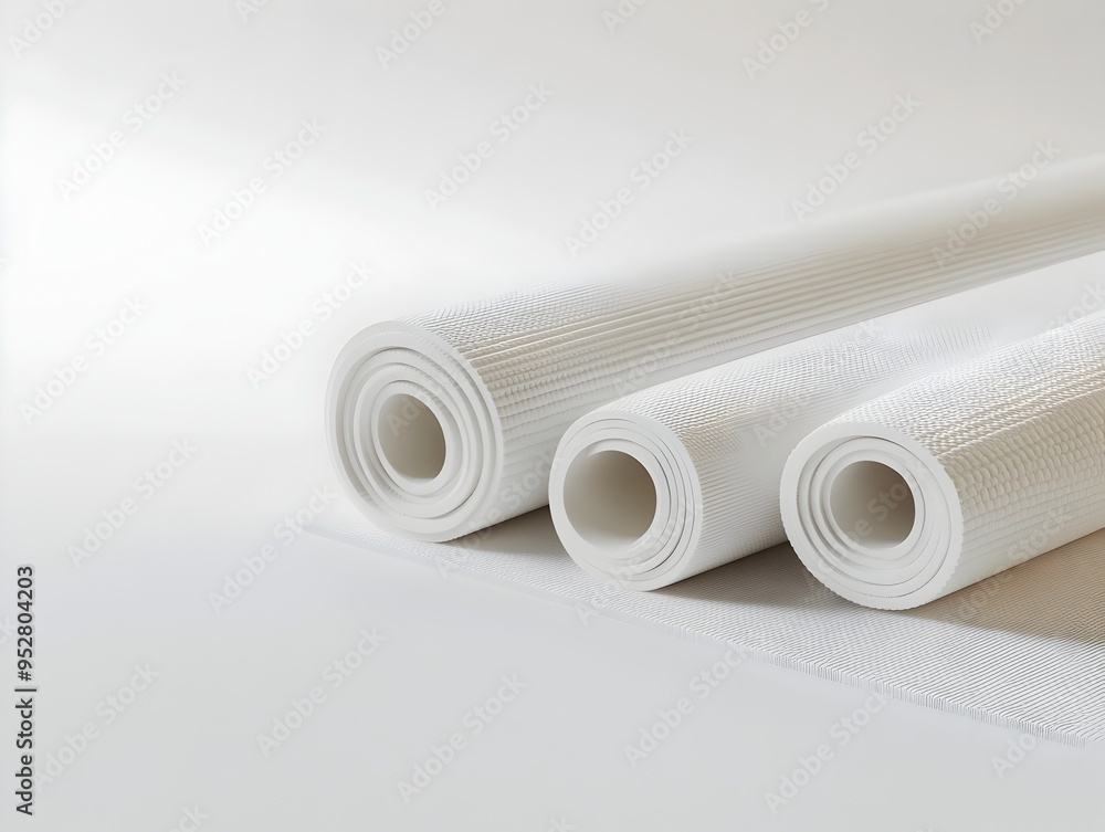Poster assorted yoga mats with enhanced padding on pristine white surface in minimal design style