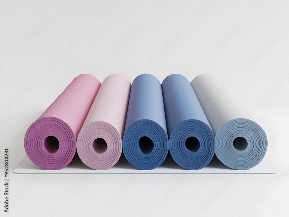 Poster assorted yoga mats with enhanced padding resting on a pristine white surface