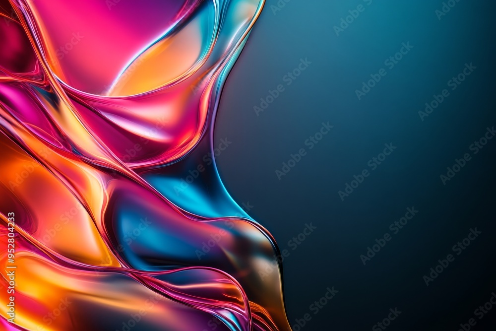 Poster a vibrant and abstract image featuring flowing, holographic glass forms in shades of pink, orange, a