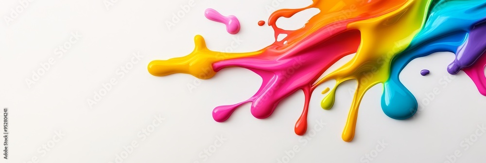 Poster A vibrant and colorful abstract image of paint splattered across a white background. The paint flows and drips in a dynamic and artistic manner, symbolizing creativity, energy, and the fusion of color