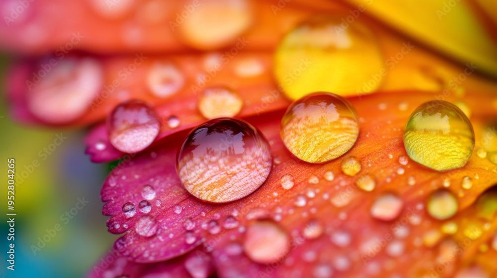 Poster macro shot of water droplets on a vibrant flower petal, with the colors of the petal reflecting thro