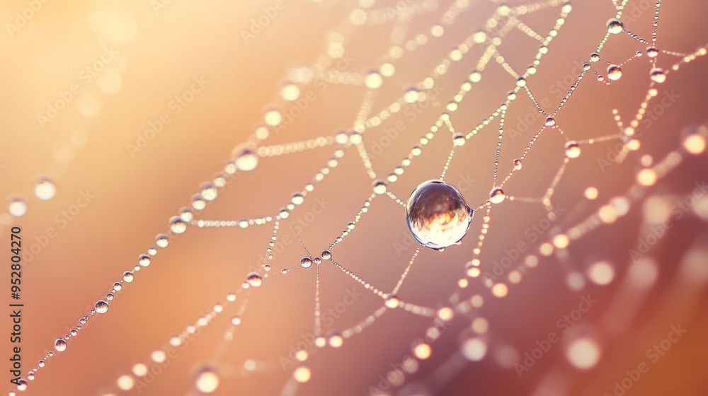 Aufkleber Macro shot of water droplets on a spider web, with each droplet sparkling in the morning sunlight, creating a delicate and intricate pattern.
