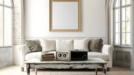 A vintage coffee table with a chipped paint finish, adorned with a stack of old photographs and a vintage radio, placed in front of a white sofa against a backdrop of an arched window and a white