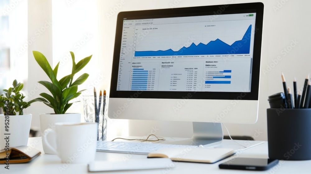 Poster minimalist business office with a computer screen displaying a complex line graph, vibrant colors, a