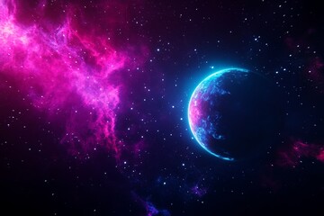 Fototapeta premium A vibrant blue planet, bathed in an ethereal glow, orbits within a swirling cosmic nebula, a captivating scene symbolizing the vastness of space, celestial beauty, cosmic wonder, the potential for lif