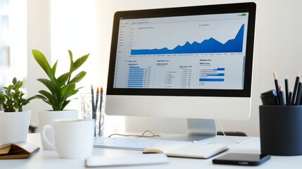 Minimalist business office with a computer screen displaying a complex line graph, vibrant colors, and modern design. A coffee cup and notebook are on the desk.