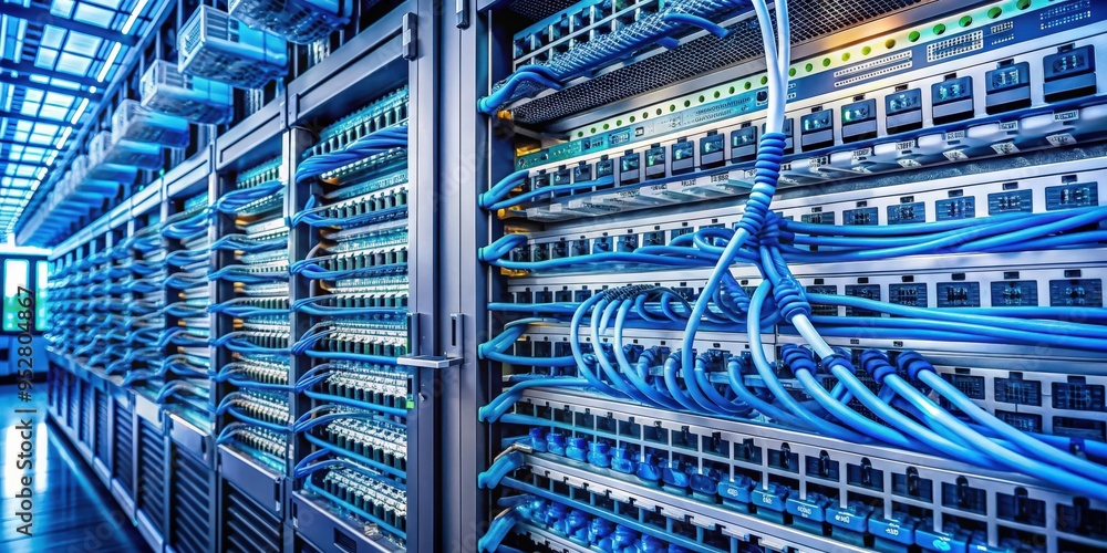 Aufkleber a detailed image of a computer network system with cables, routers, and servers, computers, internet