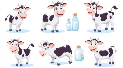 This illustration showcases a playful cow cartoon character in various humorous poses. The cow, depicted as a cute farm animal, is seen holding a milk bottle, a glass of milk, and engaging in other fu