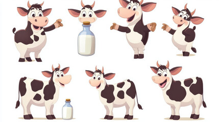 Naklejka premium This illustration showcases a playful cow cartoon character in various humorous poses. The cow, depicted as a cute farm animal, is seen holding a milk bottle, a glass of milk, and engaging in other fu