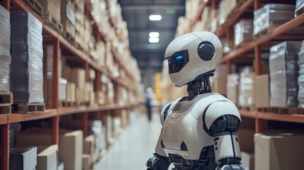 Fototapeta premium humanoid or android robot working in a warehouse, concept of ai and work efficiency