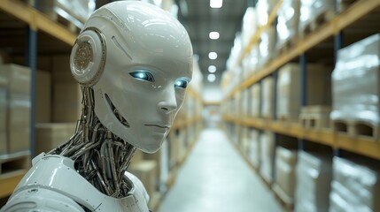 humanoid or android robot working in a warehouse, concept of ai and work efficiency