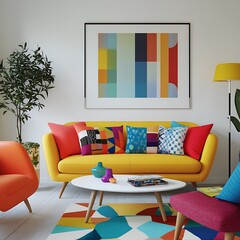 Scandinavian interior design of modern living room with vibrant colorful multicolored furniture