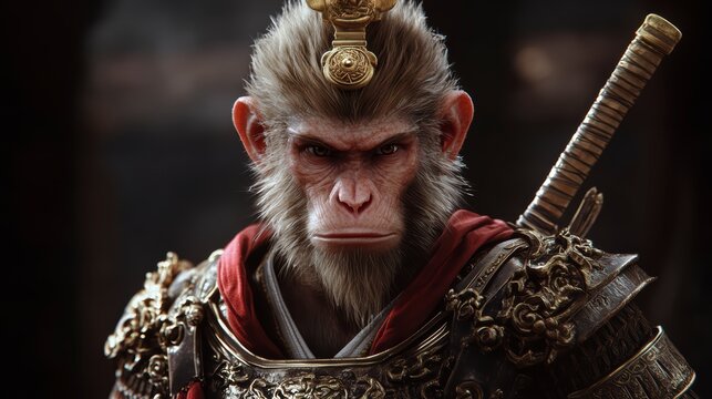 Anthropomorphic monkey king in armor with weapons on a black background
