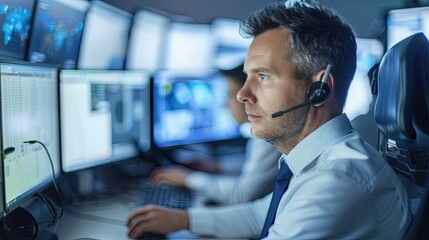 A programmer at work in front of a burning monitor. A male trader at work on a computer. Operational data analysis. Design for banner, flyer, poster, cover or brochure.
