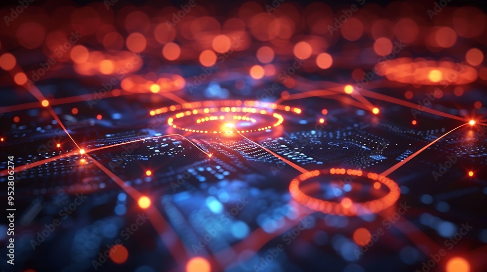 Poster abstract digital network with glowing lines and circles.