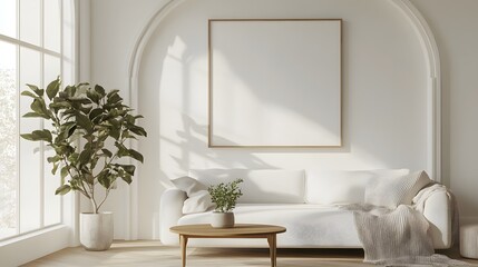 A minimalist living room featuring a white sofa, a vintage coffee table, an arched window, and a large, empty art poster frame, with a houseplant next to the coffee table and a throw blanket draped