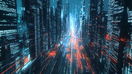 Futuristic Cityscape with Code-Covered Buildings and Traffic Trails
