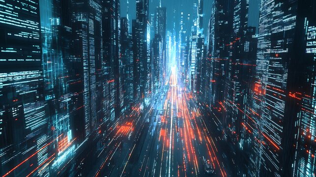 Futuristic Cityscape with Code-Covered Buildings and Traffic Trails