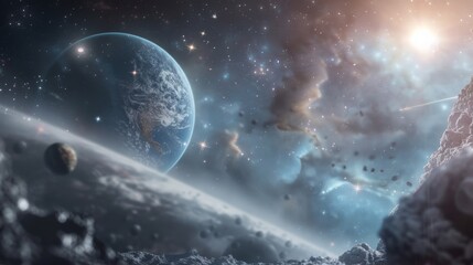 Obraz premium Stunning cosmic scene featuring a distant planet amidst a beautiful star-filled sky, showcasing the wonders of the universe.