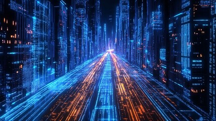 Futuristic Cityscape with Neon Lights and Data Streams