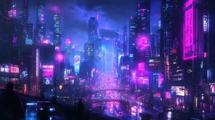 Neon-Lit Cityscape at Night with Rain and Silhouettes of People