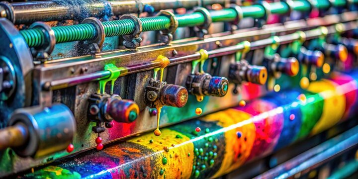 Close-up of colorful paint drops on old printing press tuners, vibrant, multicolored, drops, splatter