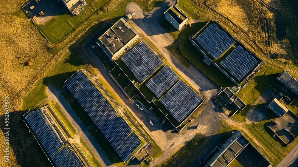 Wall mural an aerial view of a modern military base with solar panels on the rooftops, demonstrating a commitme