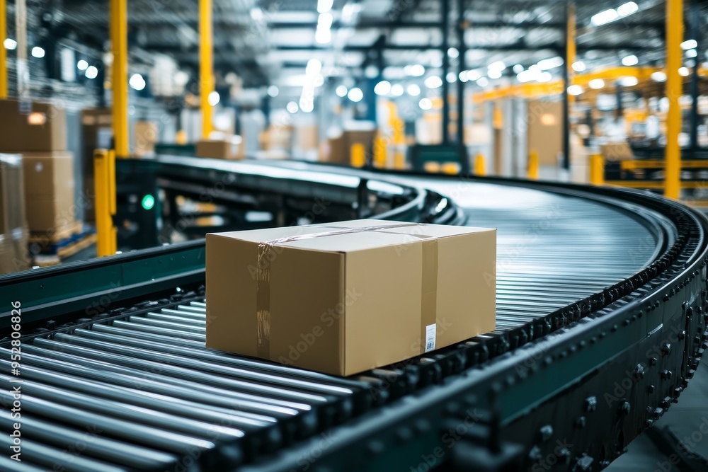 Poster an automated conveyor system transporting packages through a modern warehouse. this system is common