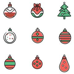 Outline icon set of Christmas cute ornaments traditional 