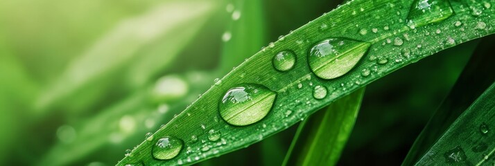 Close-up of dew drops glistening on vibrant green leaves, symbolizing freshness, nature's beauty, new beginnings, growth, and purity.