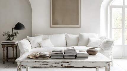 A vintage coffee table with a chipped paint finish, adorned with a stack of old magazines and a vintage lamp, placed in front of a white sofa against a backdrop of an arched window and a white wall