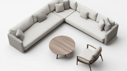 Modern lounge furniture set featuring a sectional sofa, coffee table, and armchair.