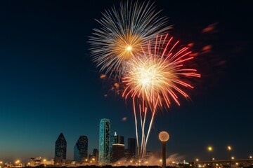 Stunning fireworks display against a dark sky, illuminating the city skyline. A vibrant spectacle of red, gold, and white fireworks creates a breathtaking display of color and excitement. This image s