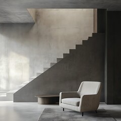 Loft interior design of modern living room with accent armchair and concrete staircase