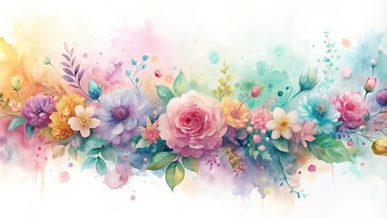 Watercolor floral illustration with vibrant pastel colors, featuring roses, daisies, and various leaves in a soft and romantic style, perfect for graphic design and artistic decorations