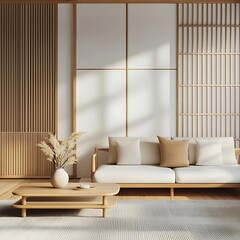 Japandi interior design of modern living room with wall with copy space