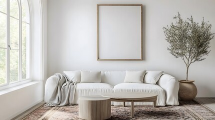A modern living room featuring a white sofa, a vintage coffee table, an arched window, and a large, empty art poster frame, with a patterned rug beneath the coffee table and a throw blanket draped