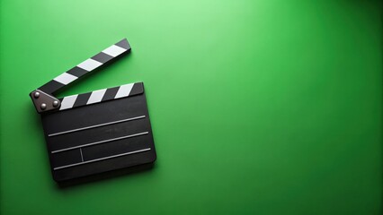 Clapper board on green background with space for text, filmmaking, movie production, director, filming